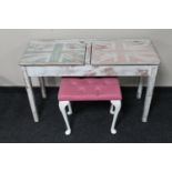 A mid 20th century painted shabby chic double child's desk and a pink upholstered stool