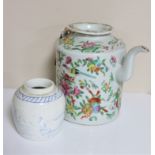 A nineteenth century Canton porcelain teapot (a/f) together with a Chinese blue and white pottery