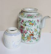 A nineteenth century Canton porcelain teapot (a/f) together with a Chinese blue and white pottery