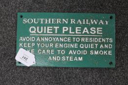 A metal railway sign : Southern Railways - Quiet Please, 15 cm x 27 cm.