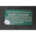 A metal railway sign : Southern Railways - Quiet Please, 15 cm x 27 cm.