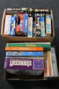 Two boxes of a large quantity of jigsaws and board games, painting kits,