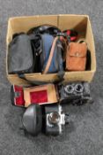 A box of vintage cameras and accessories to include a Pentax Asahi, Yashica Mat 124G,