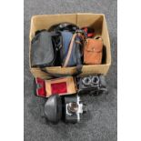 A box of vintage cameras and accessories to include a Pentax Asahi, Yashica Mat 124G,