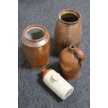 A tray of two antique glazed stoneware kitchen storage jars,