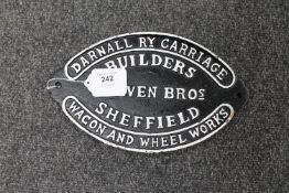 A metal railway sign : Craven Bros - Sheffield, 16 cm x 27 cm.
