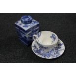 A rare Maling blue and white over-sized teacup and saucer set, with bird,