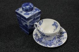 A rare Maling blue and white over-sized teacup and saucer set, with bird,