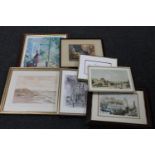 A box of seven assorted pictures and prints to include a Benjamin Chee Chee print 'Autumn Flight',