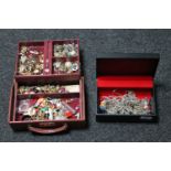 A jewellery box containing a large quantity of silver and costume jewellery, necklaces, cufflinks,