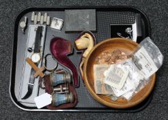 A tray of antique opera glasses, wooden bowl containing mid 20th century half pennies,