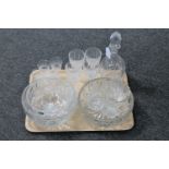 A tray of crystal fruit bowls, decanter with stopper,
