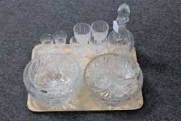 A tray of crystal fruit bowls, decanter with stopper,