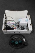 A box of Nintendo Wii, Wii fit board and leads,