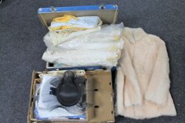 A case and a box of vintage linen and bedding, lady's fur coat,