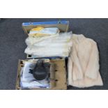 A case and a box of vintage linen and bedding, lady's fur coat,