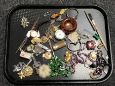 A tray of costume jewellery, wristwatch, Ingersoll pocket watch,