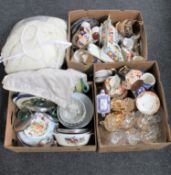 Three boxes of antique and later china, glass ware, bedding, enamel kitchenalia etc,