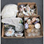 Three boxes of antique and later china, glass ware, bedding, enamel kitchenalia etc,
