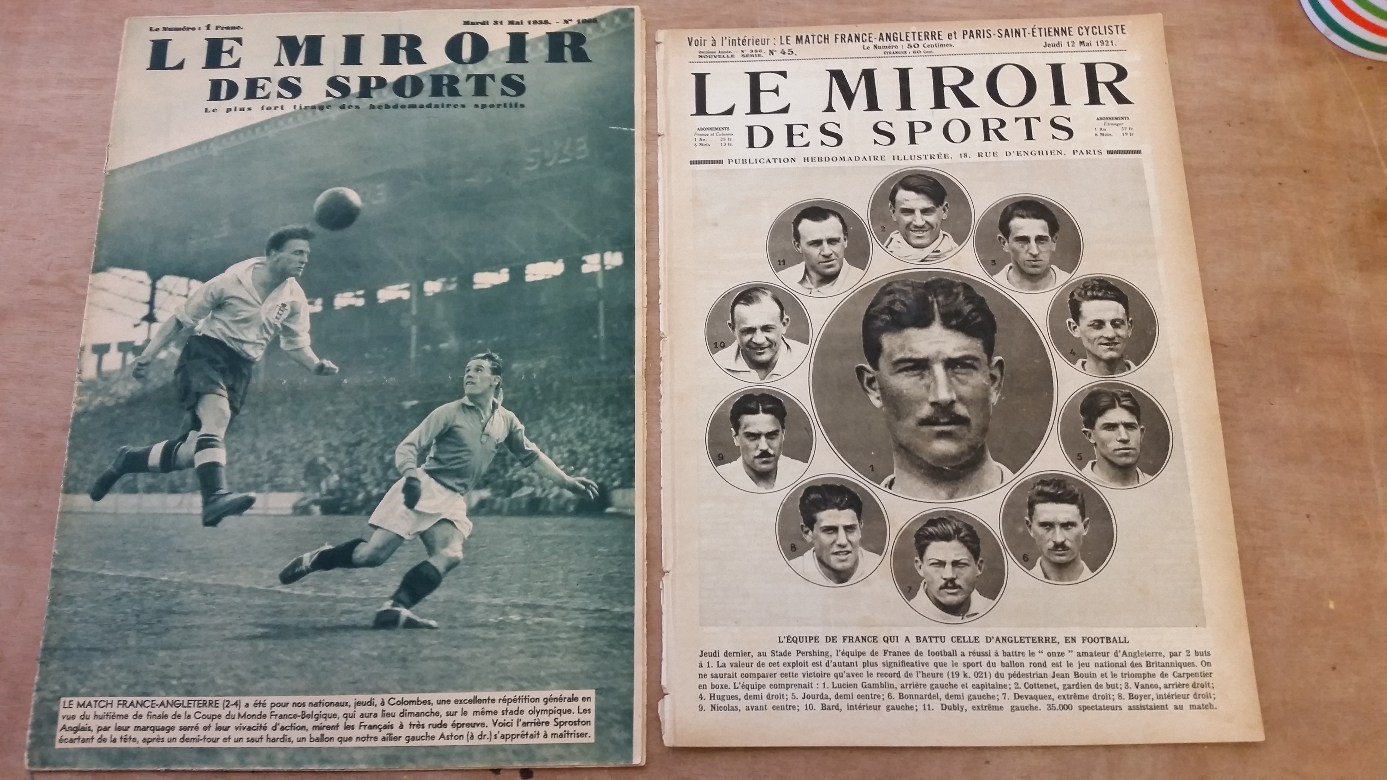 FOOTBALL, magazines, Le Miroir des Sports, each covering France v England, 12th May 1921 & 31st