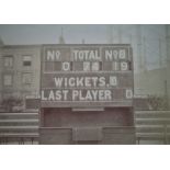 CRICKET, original sepia photo, showing scoreboard after famous Surrey v Lancashire tied match at