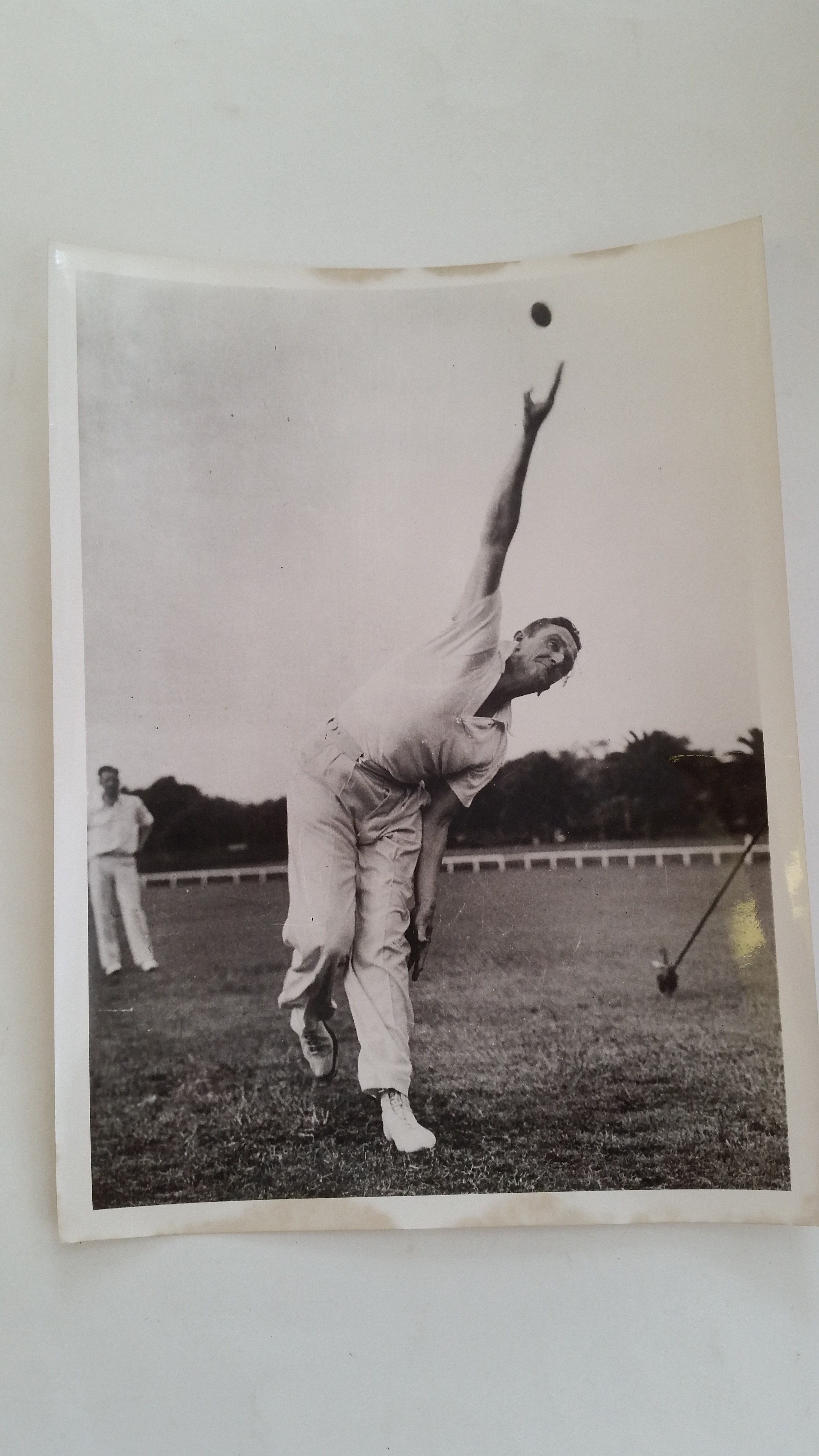 CRICKET, press photos, Harold Larwood, half-length in later years reviewing display of photos from