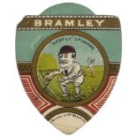 BAINES, shield-shaped cricket card, Bramley, Neatly Stumped, crease to bottom corner, FR