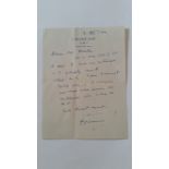 CRICKET, hand-written letter by Pelham Warner, 2nd Nov 1950, folds, G