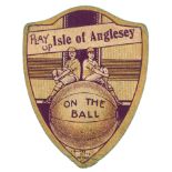 BAINES, shield-shaped rugby card, Play Up Isle of Anglesey, On The Ball, creasing, G