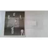 CRICKET, signed piece by Fred Trueman, with photo showing him full-length bowling Burge during