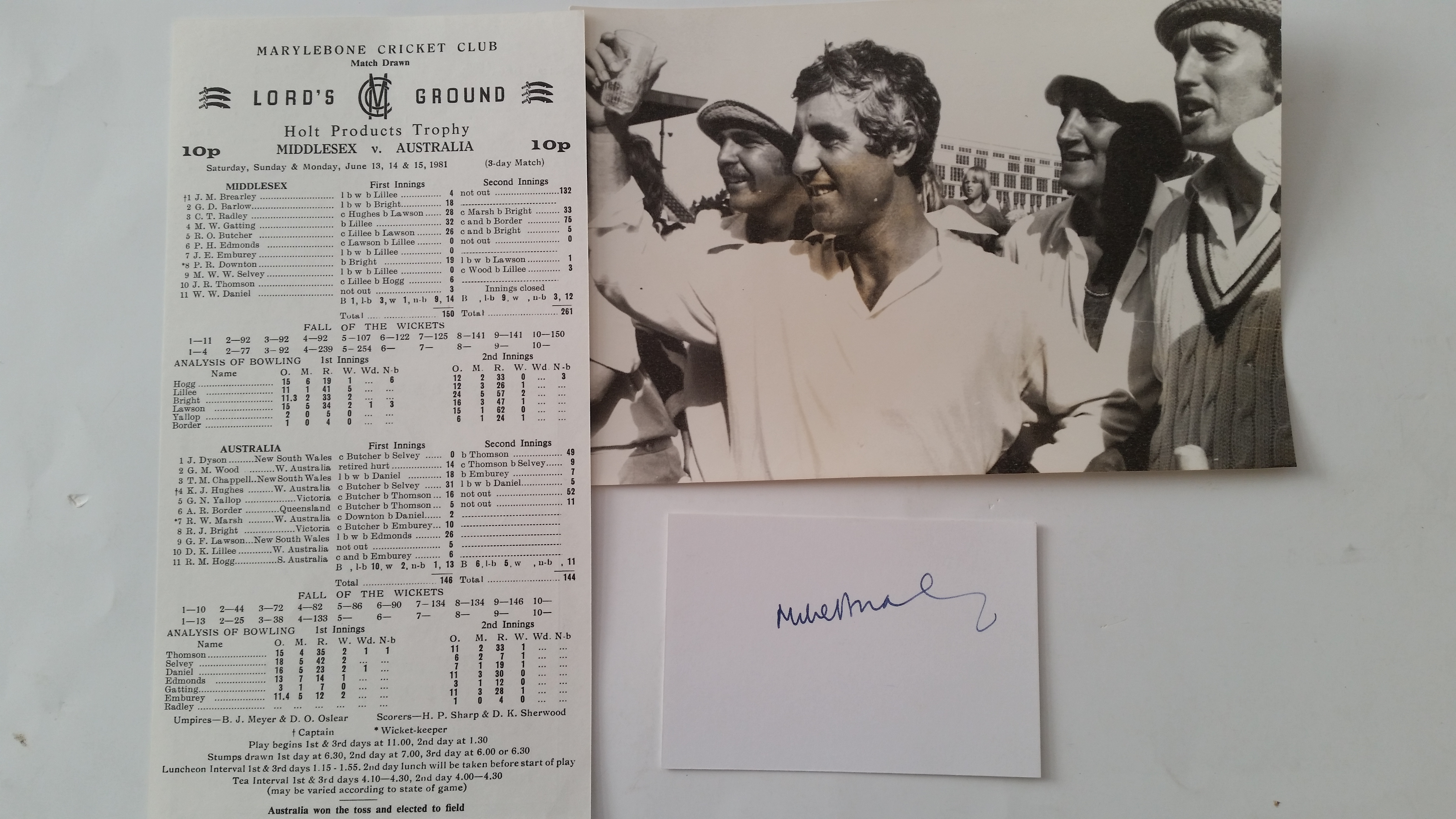 CRICKET, selection from 1981 Ashes Tour, Middlesex v Australia, inc. scorecard (fully printed),