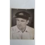 CRICKET, press photo, Sid Barnes, h/s in Australia cap, newspaper cutting laid down to reverse, 6