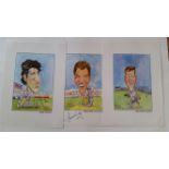 CRICKET, signed caricature drawings of Hansie Cronje, Mike Atherton, Akram, laid down to card, VG,