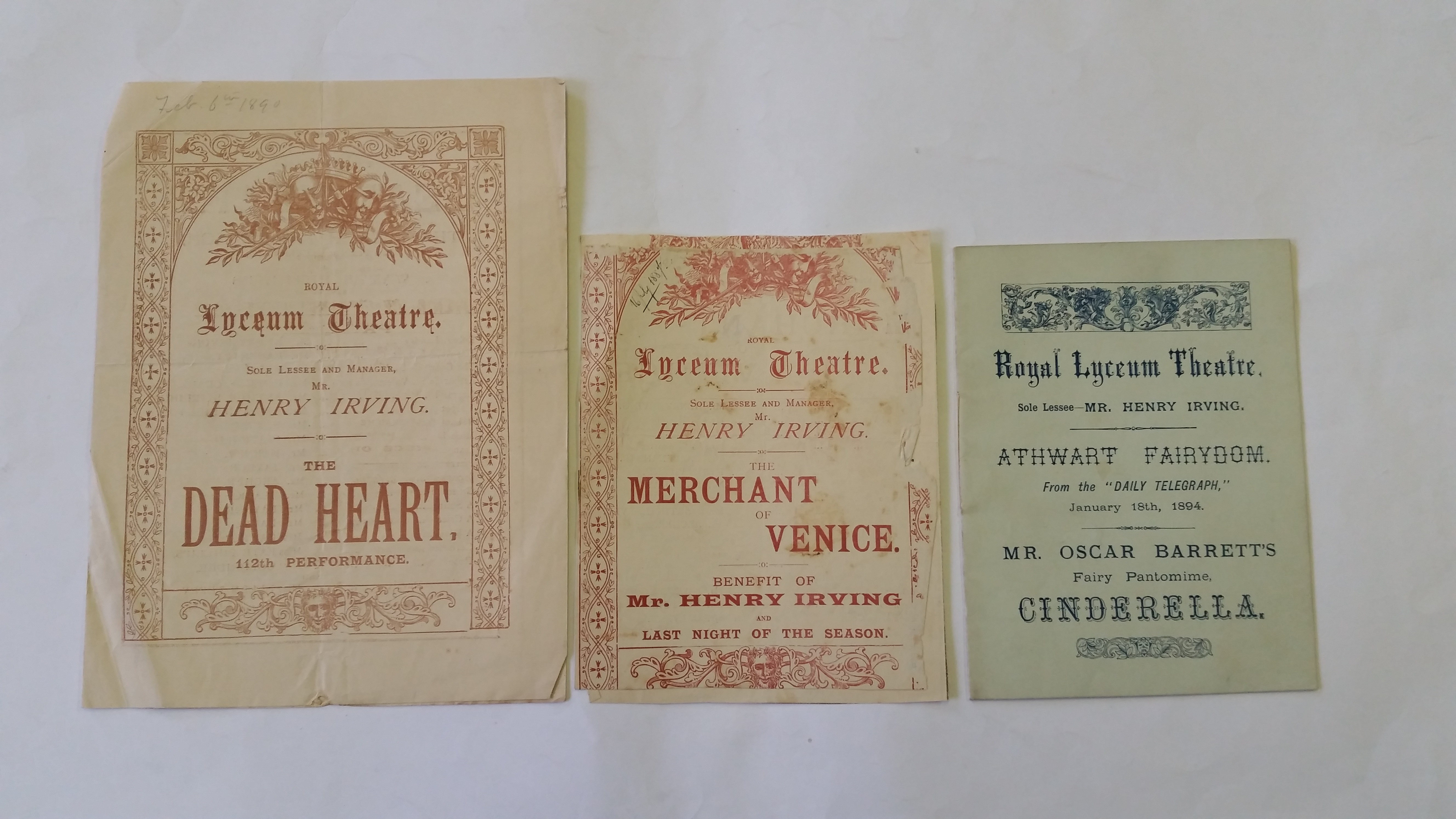 THEATRE, programmes, 1800s, inc. Lyceum, Princess's etc., plays, Shakespeare, comedy, slight