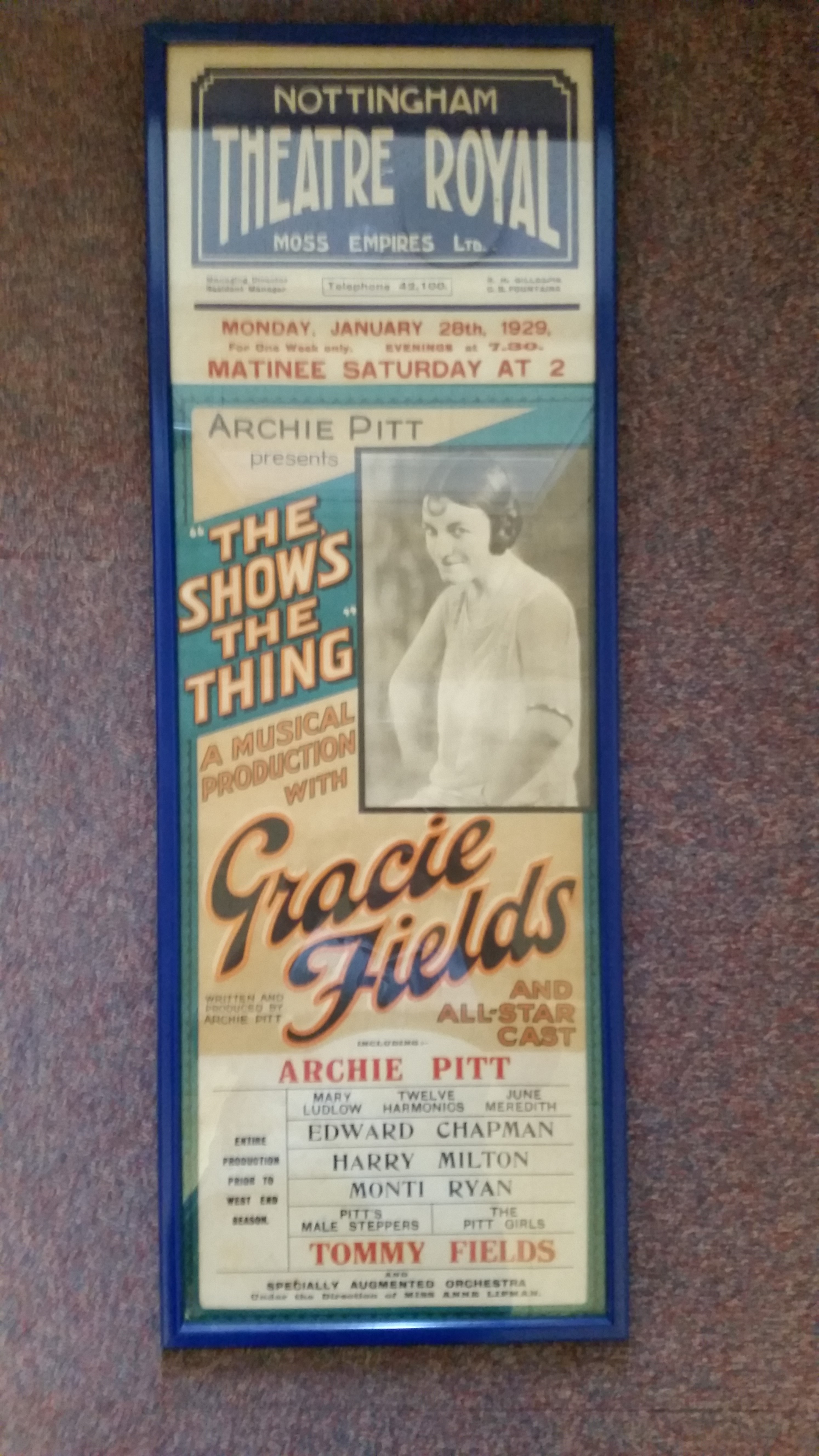 THEATRE, poster, Gracie Fields, The Show's The Thing', Nottingham Theatre Royal, 28th Jan 1929,