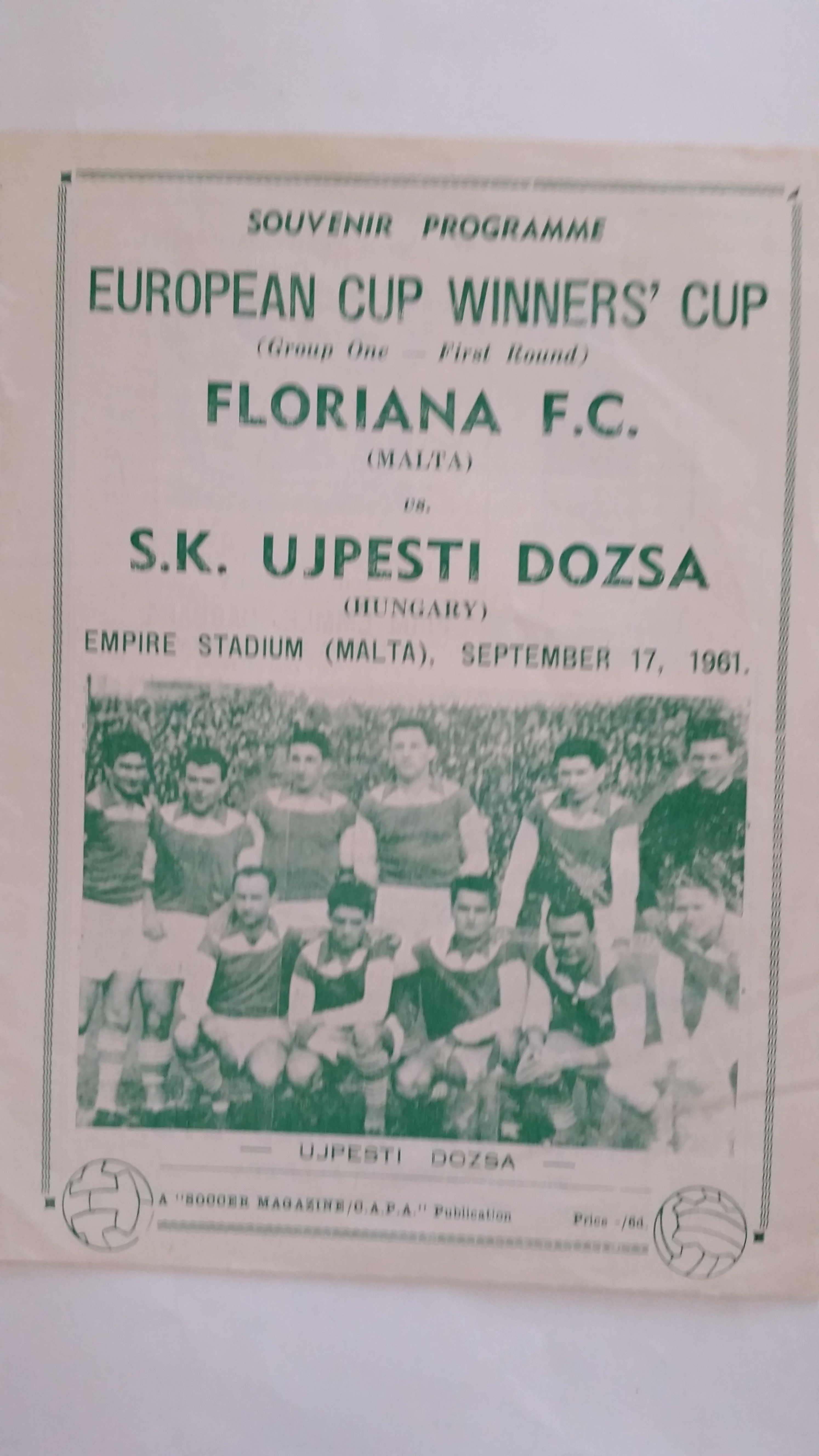 FOOTBALL, programme for Floriana F.C. (Malta) v S.K. Ujpesti Dozsa (Hungary), 17th Sept 1961, VG