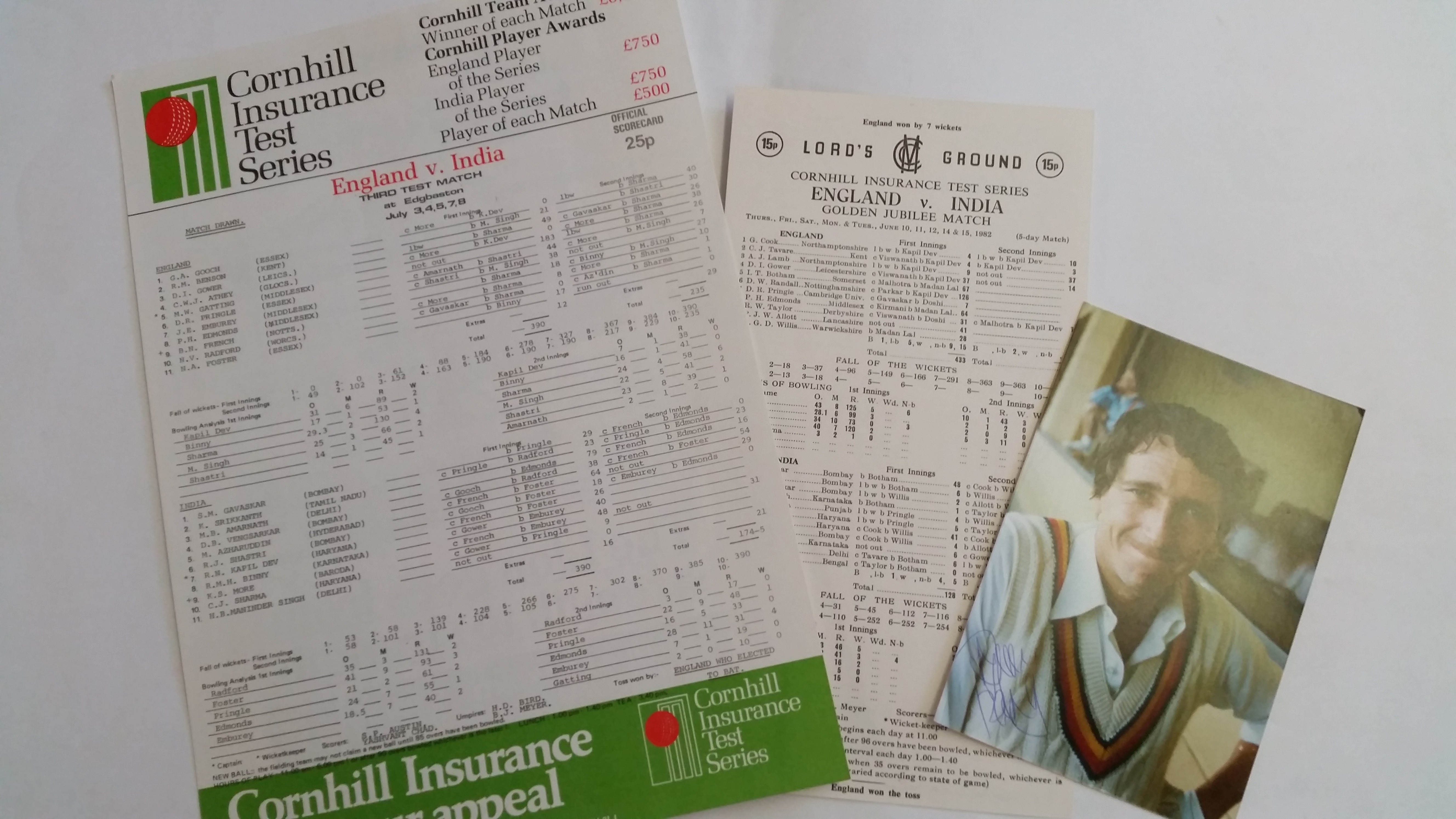 CRICKET, selection from 1982 England v India, inc. Lords (3), scorecard (fully printed), signed