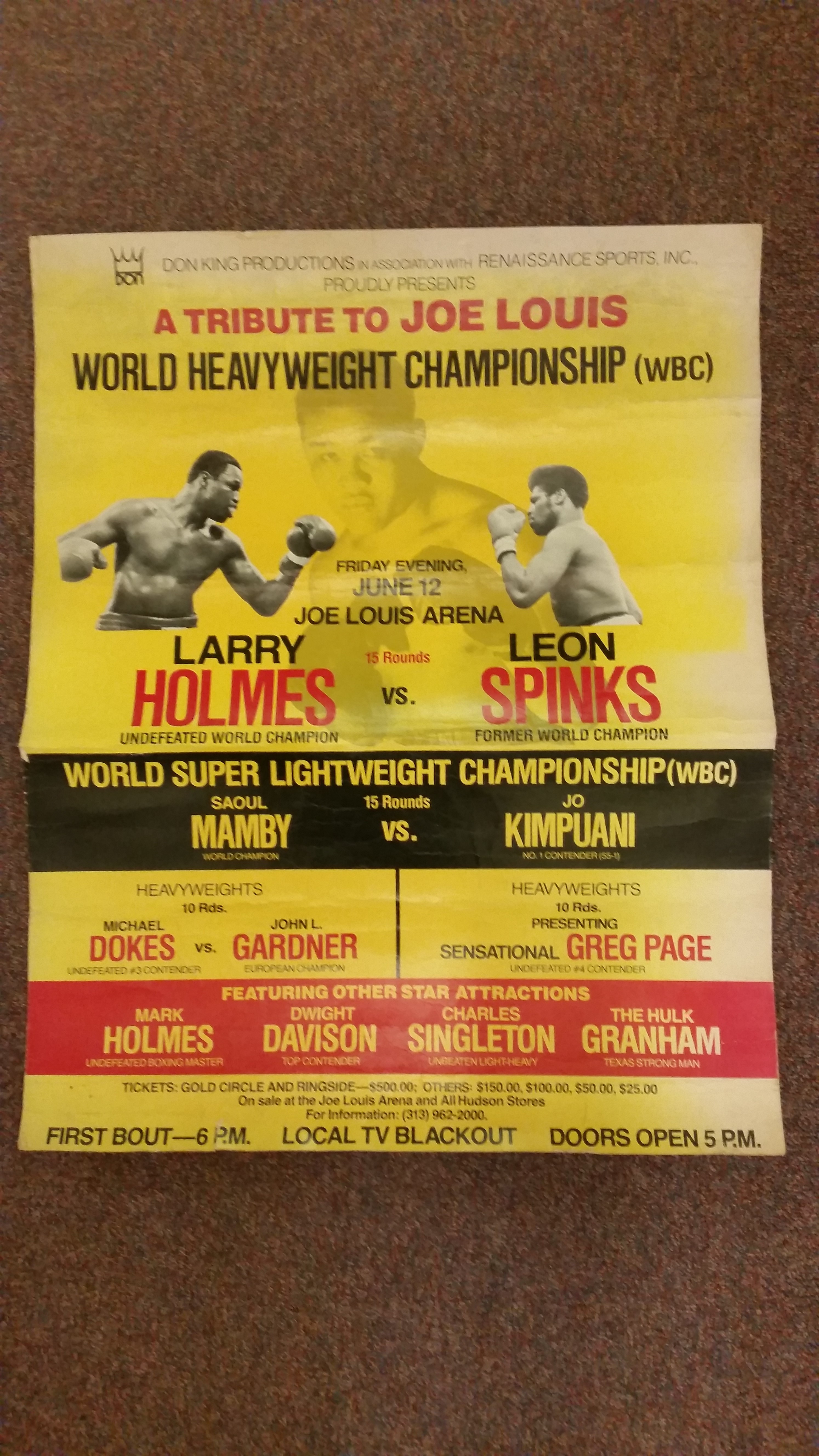 BOXING, posters, inc. stadium issues, Larry Holmes v Leon Spinks, 12th June 1981, at Joe Louis Arena