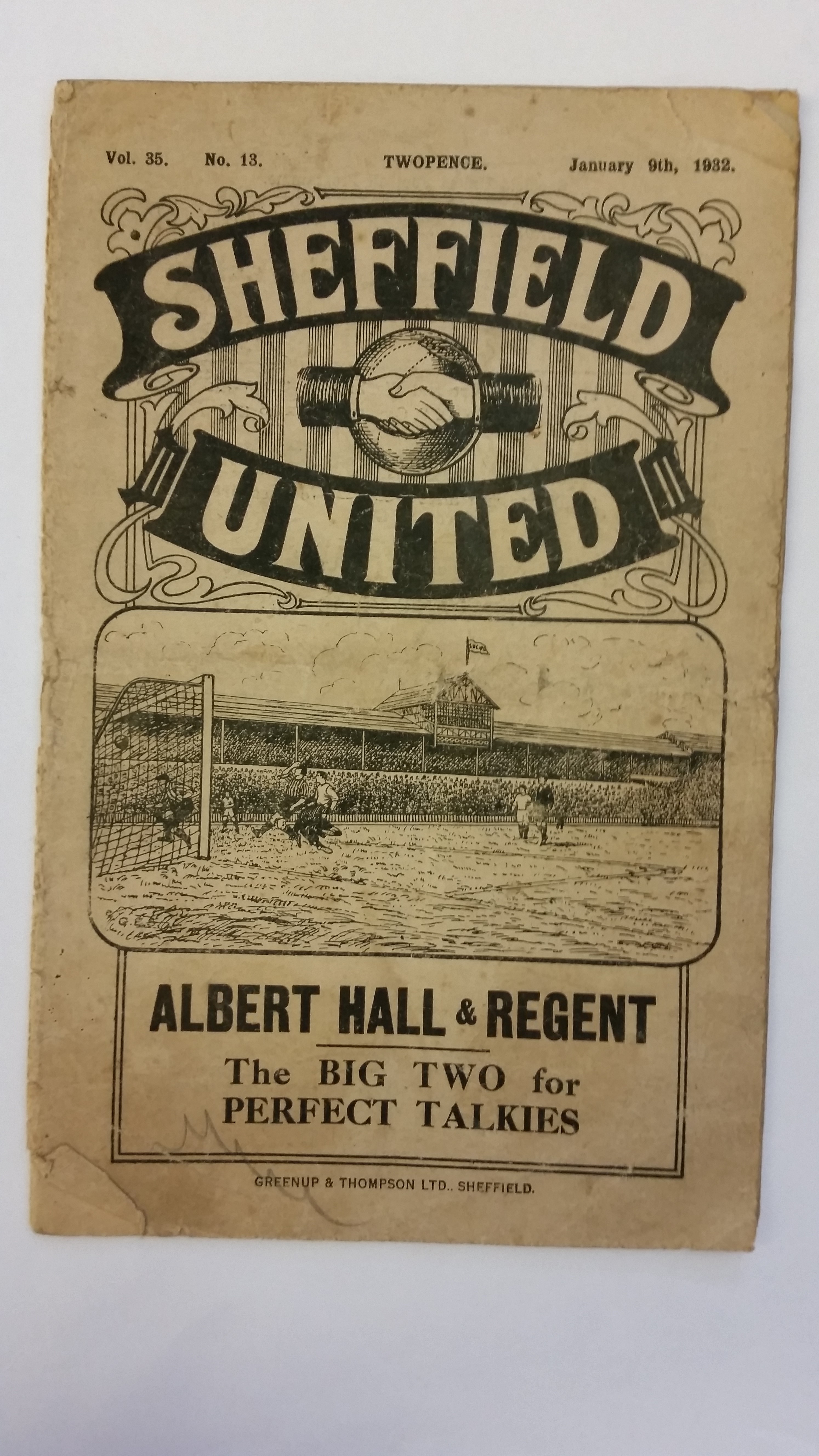 FOOTBALL, programme, Sheffield United v Corinthians, 9th Jan 1932, FA Cup, scuff to spine, about G