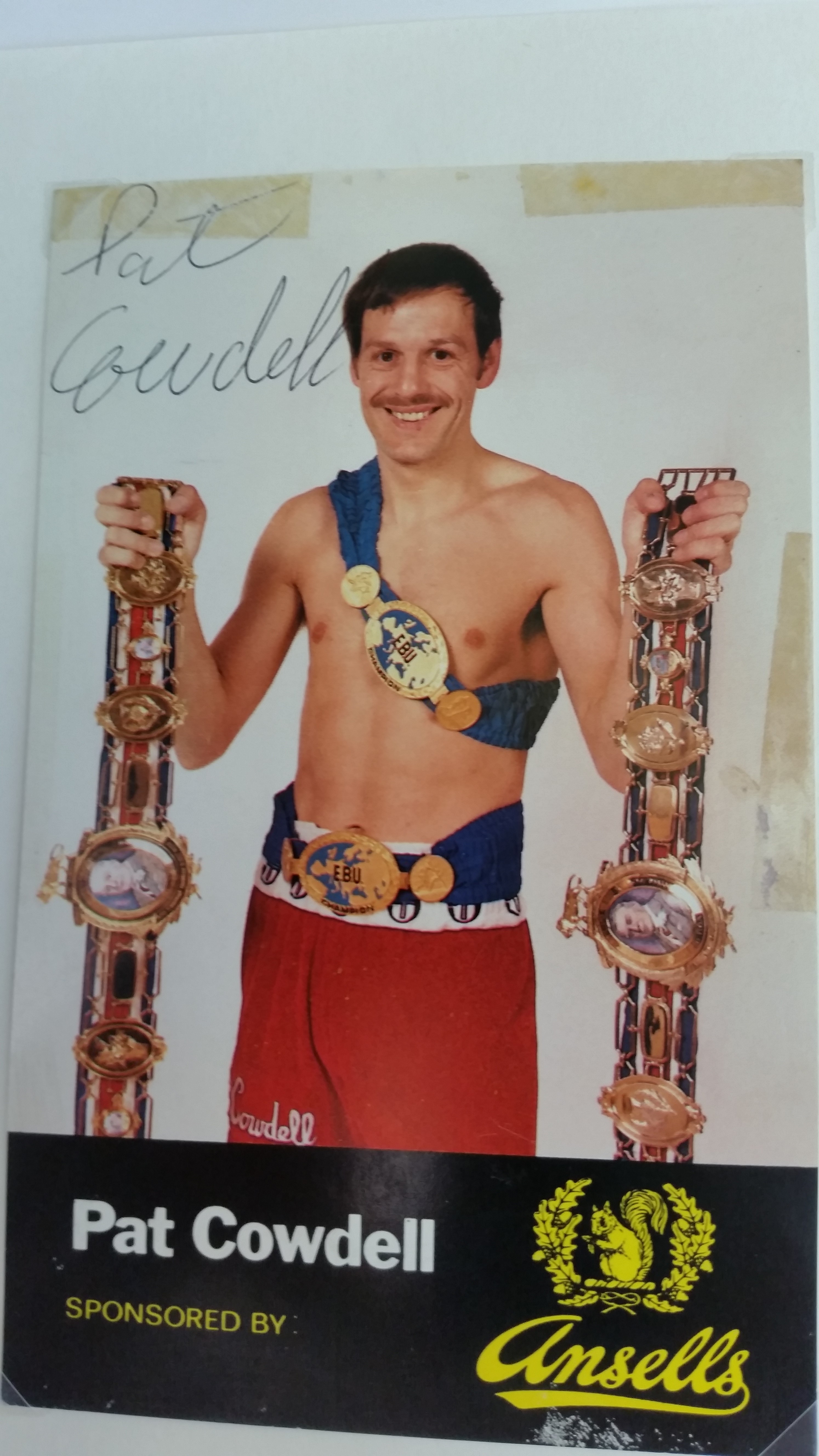 BOXING, signed promotional card by Pat Cowdell, corner-mounted to card showing him three-quarter