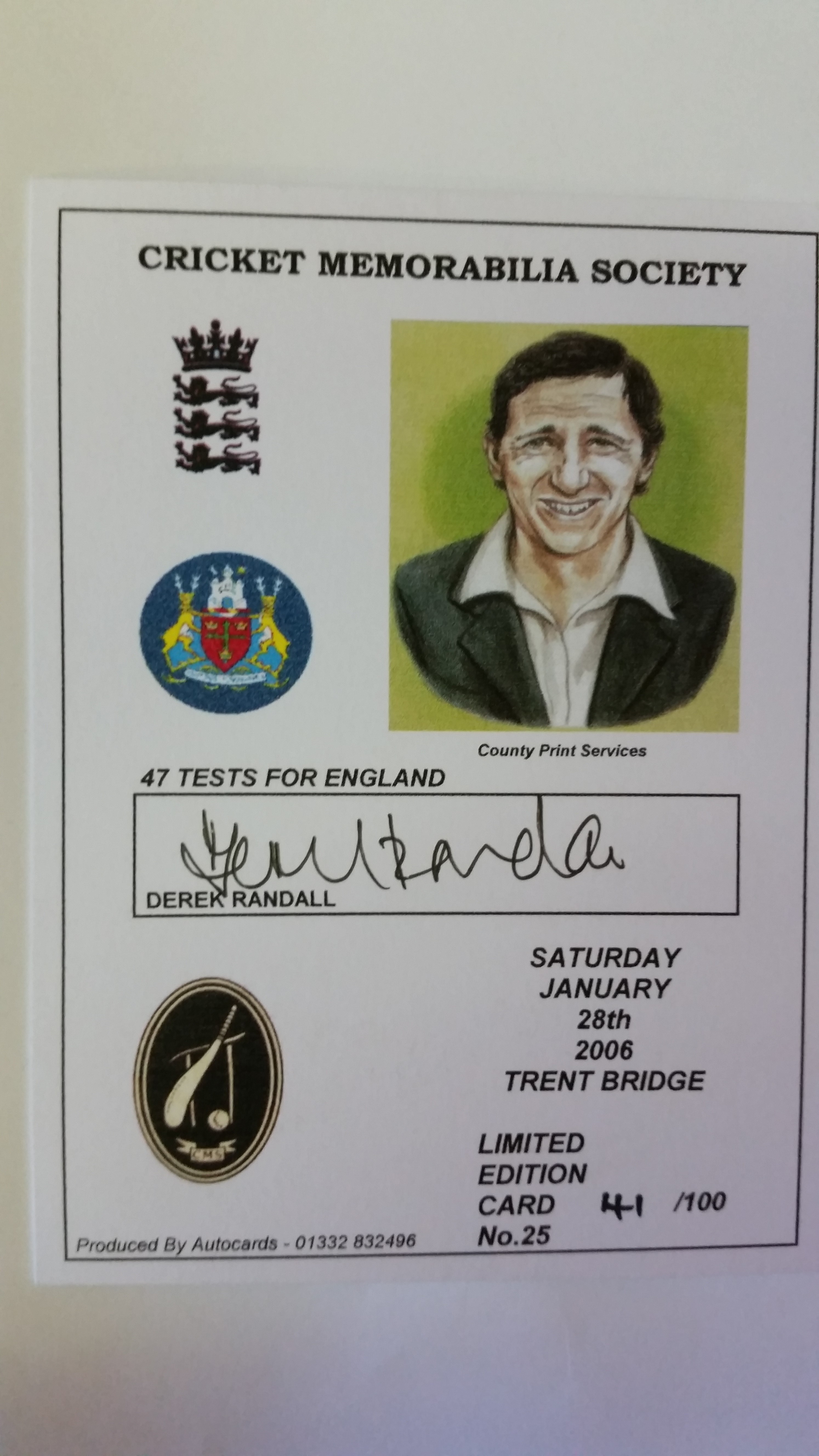 CRICKET, signed CMS card by Derek Randall, 2006, No. 25, LE41/100, EX