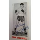 BOXING, signed promotional card by John Caldwell, corner-mounted to card showing him full-length