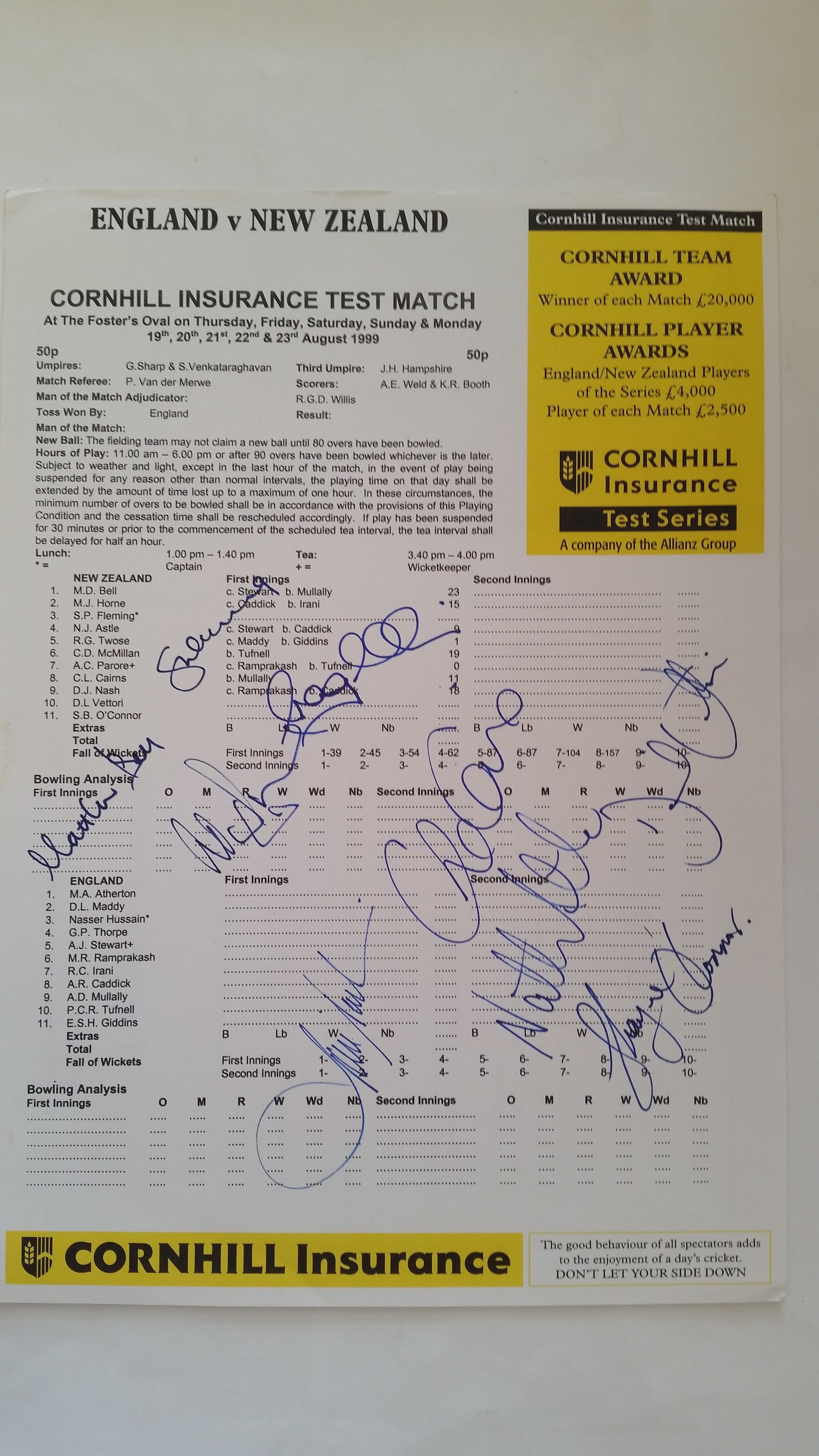 CRICKET, England v New Zealand scorecards, signed 1999 scorecard (Oval test), 9 NZ signatures; May