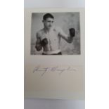 BOXING, signed piece by Rinty Monaghan, laid down to card beneath magazine photo showing him half-