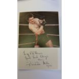 BOXING, signed piece by Freddie Mills, laid down to card beneath photo showing him three-quarter