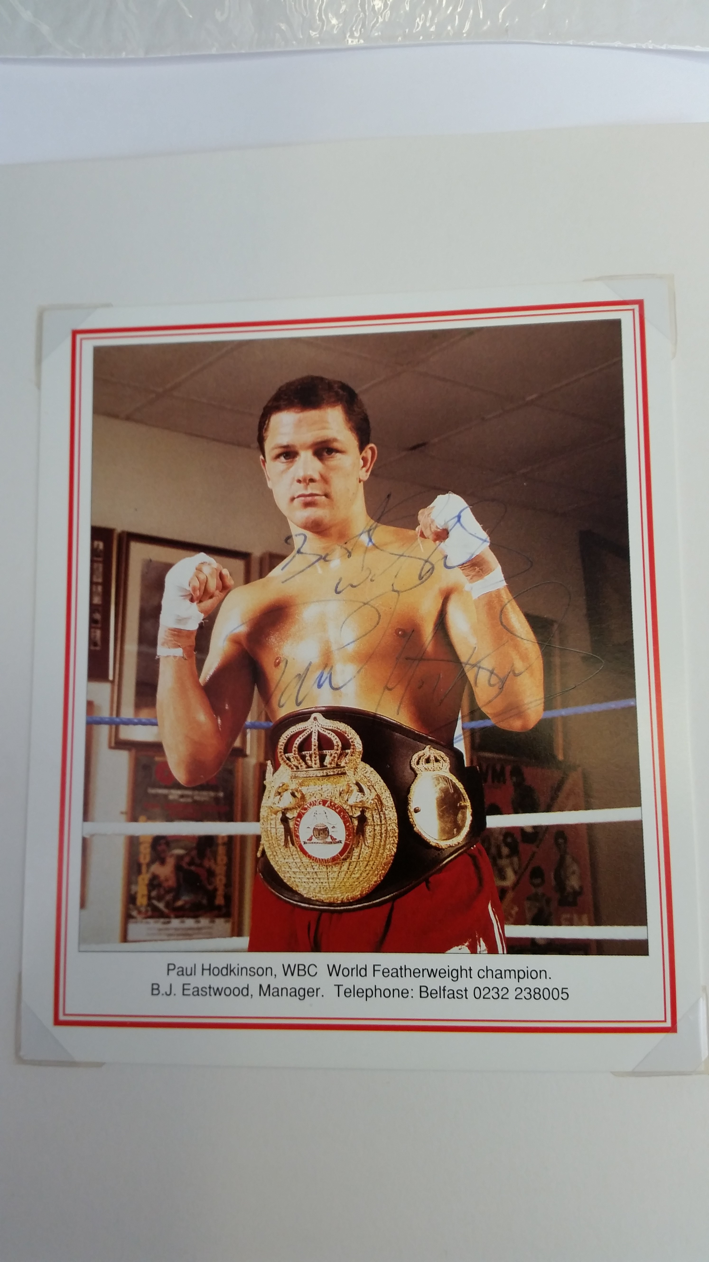 BOXING, signed promotional card by Paul Hodkinson, laid down to card showing him half-length in