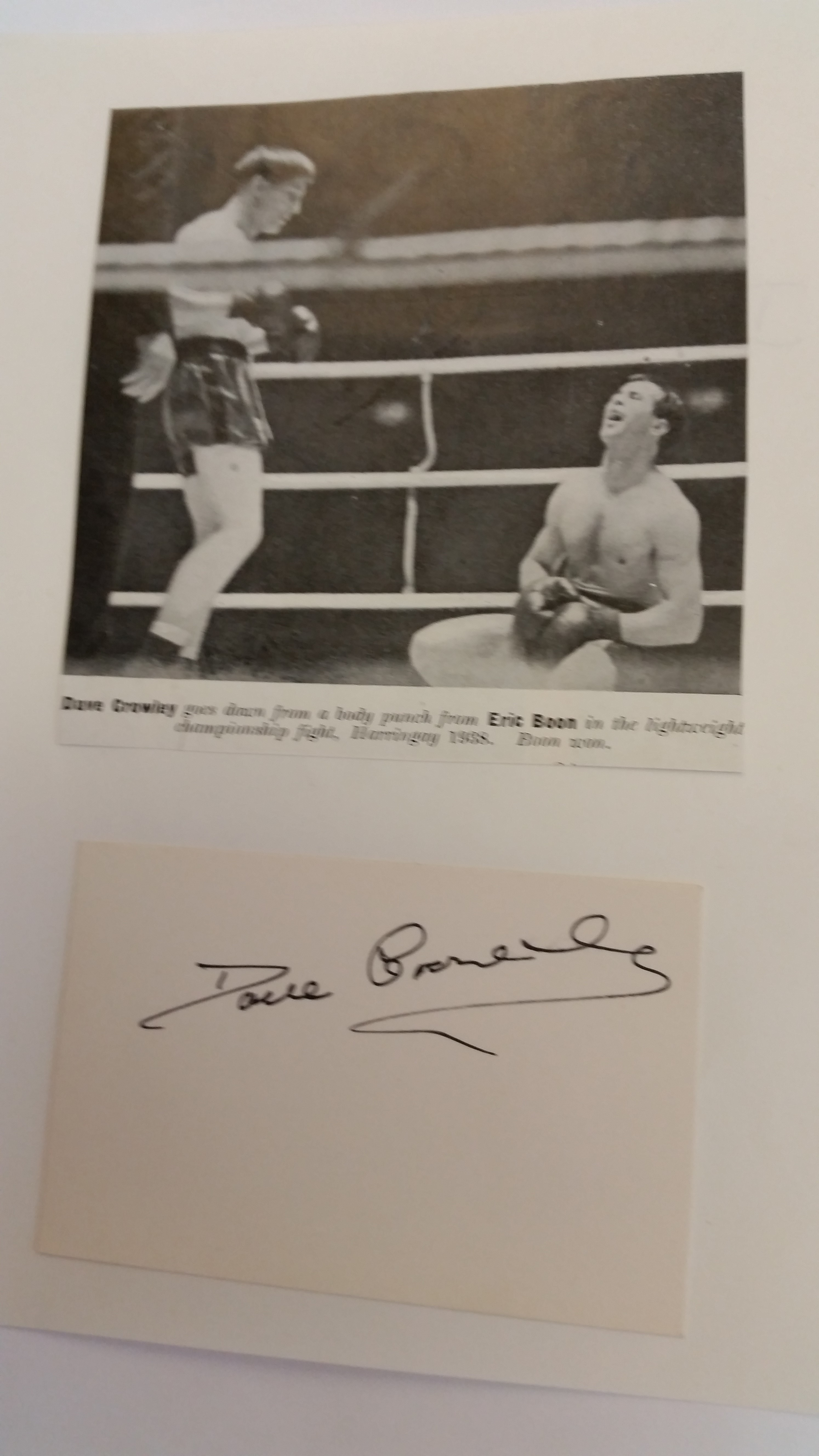 BOXING, signed piece by Dave Crowley, laid down to card beneath photo showing him full-length in