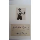 BOXING, signed piece by Jack Kid Berg, laid down to card beneath magazine photo showing him half-