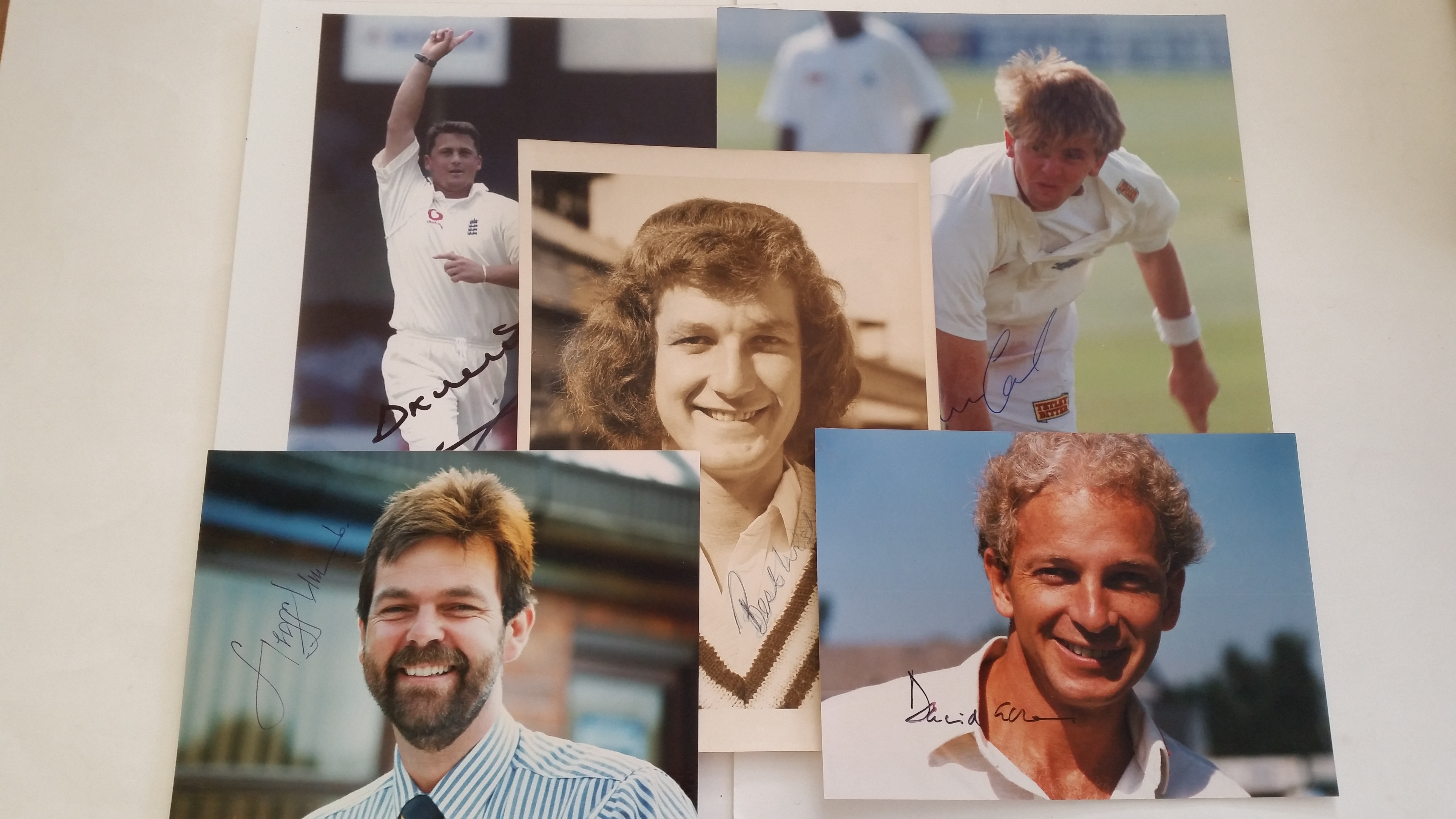 CRICKET, signed photos by England test players, inc. Rhodes, Cork, Gough, Wills, Gower etc., 8 x