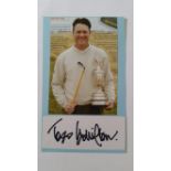 GOLF, signed white card by Todd Hamilton (Open Champion 2004), laid down to card with attached